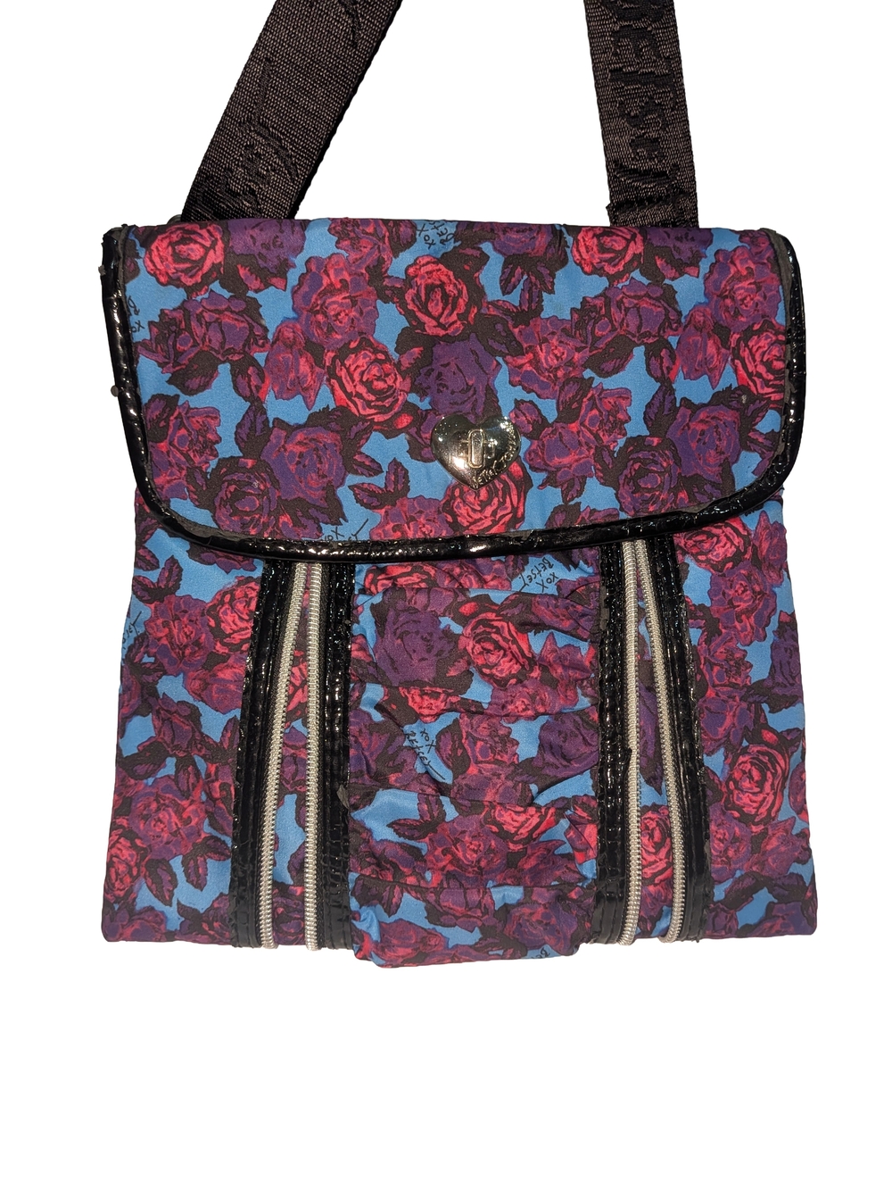 Betsey Johnson Blue Crossbody with Pink & Purple Rose Print and Black Trim